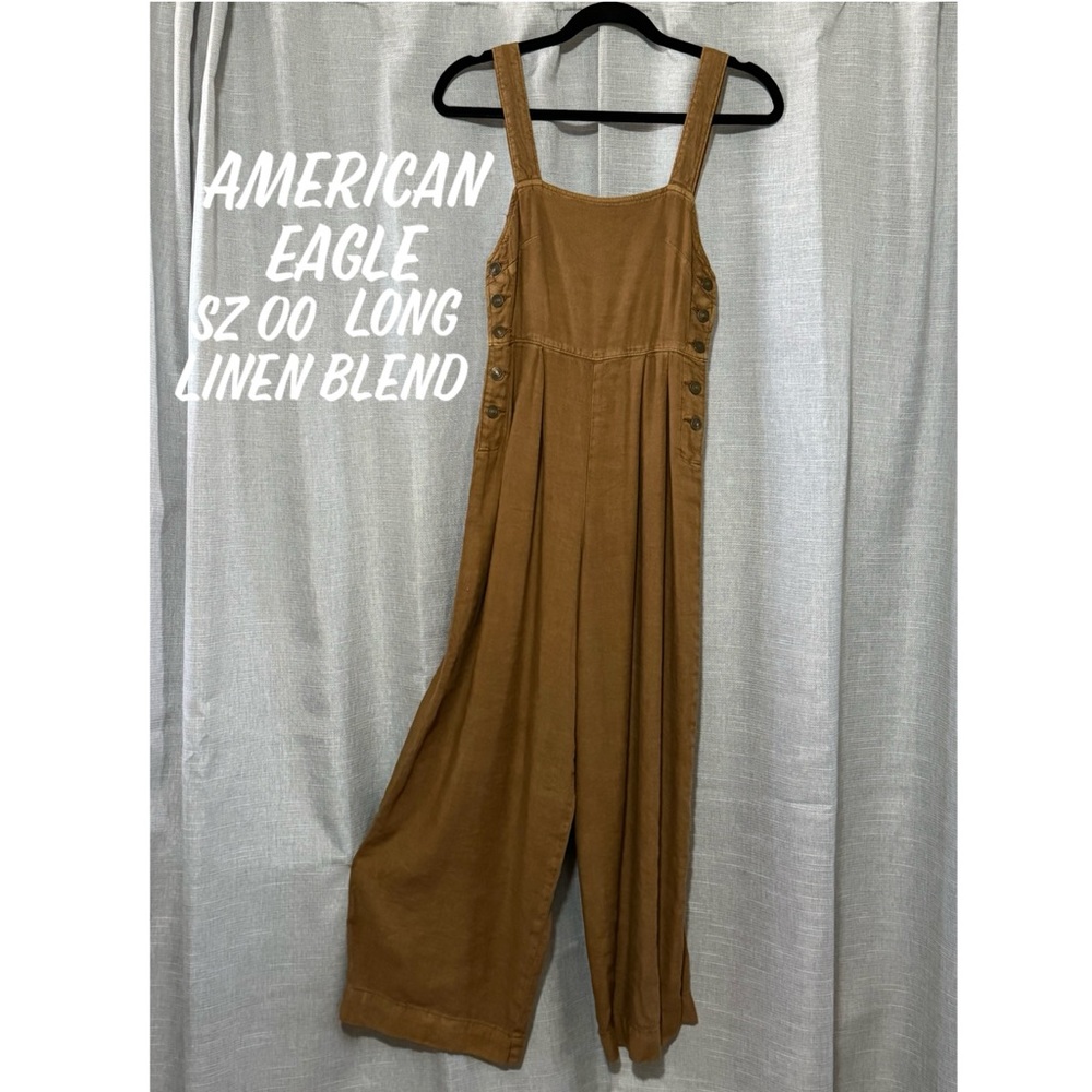 American Eagle Linen Wide Leg Overalls-Sz 00L -Caramel Brown-EUC